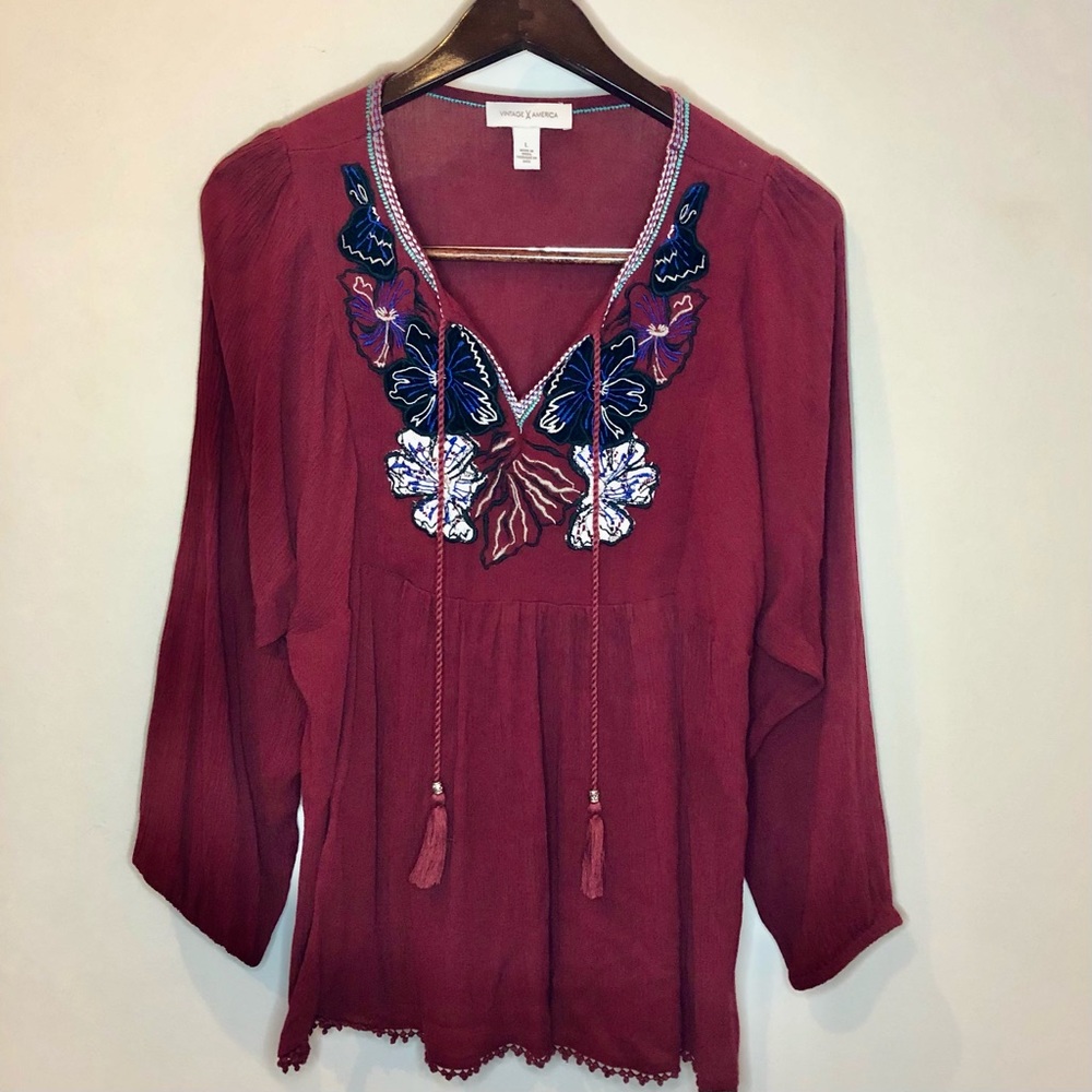 Vintage America dark red embroidered peasant blouse, large